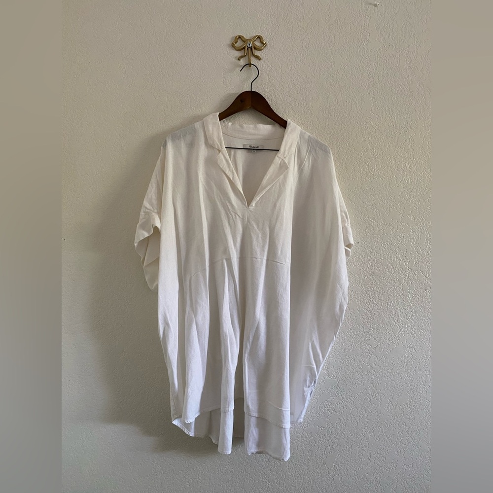 Madewell Women White Linen Blend Short Sleeve Central Shirt Popover 2X Back Slit - Picture 1 of 9